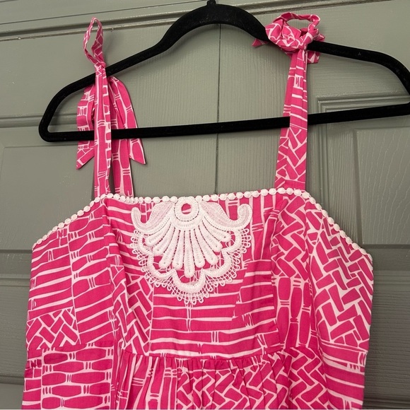 Lilly Pulitzer Cormick Dress Pink and White Bamboo with Embroidery Bow Straps - Picture 4 of 5